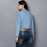 Blue denim women's 3/4 sleeves shrug with shirt collar neck, solid pattern