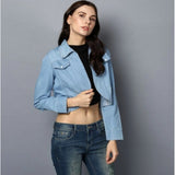 Blue denim solid 3/4th sleeves women's shrug with shirt collar neck, ideal for casual outfits