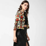 Multicolor polyester floral 3/4th sleeves women's shrug, front open neck, on display