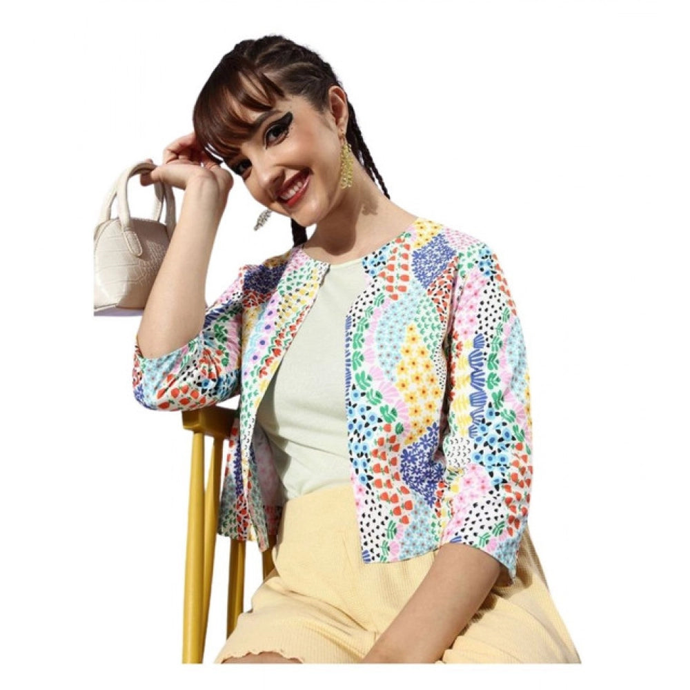 Multicolor polyester floral 3/4th sleeves women's shrug on model, vibrant floral pattern with round neck