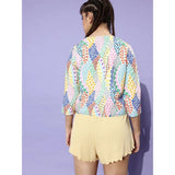 Multicolor polyester floral 3/4-sleeve women's shrug, round neck, waist length