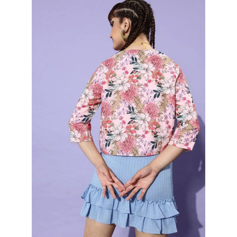 Peach polyester floral 3/4th sleeves women's shrug, front open neck, waist-length with floral pattern