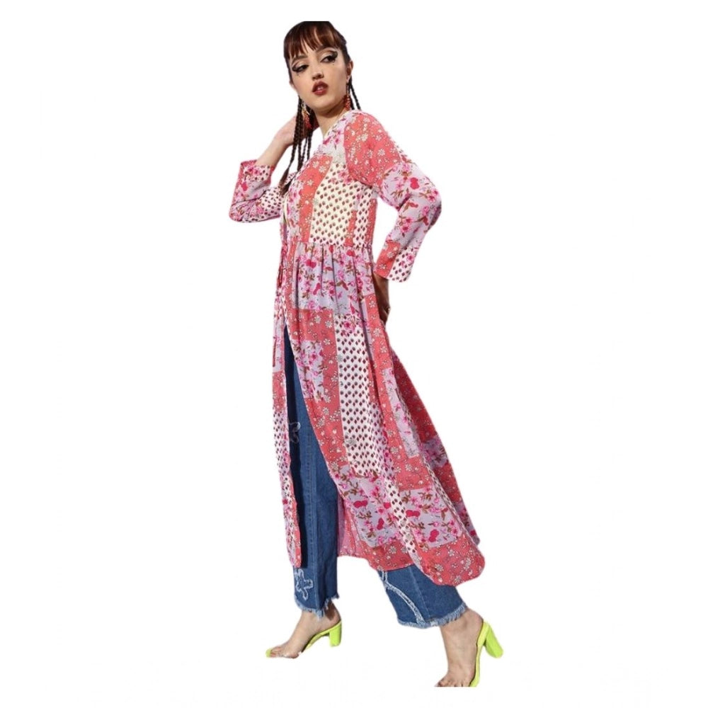 Pink-Coral polyester floral long sleeves shrug, V-neck with tie-up closure on calf length shrug for women