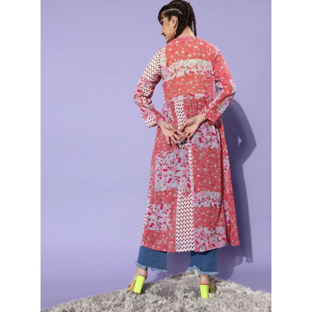 Pink-Coral polyester floral long sleeves shrug with V-neck and tie-up closure on calf-length model