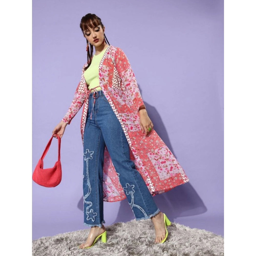 Pink-Coral polyester floral long sleeves shrug with V-neck and tie-up closure, ideal for women's casual wear