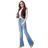 Black-Maroon denim and fur sleeveless shrug for women, solid pattern with front open neck and waist-length style
