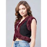 Black-maroon denim and fur solid sleeveless shrug for women, front open neck, waist length