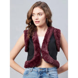 Black-Maroon denim and fur sleeveless shrug for women, solid pattern, front open neck