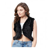 Black denim and fur sleeveless shrug for women, solid pattern with front open neck