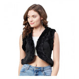 Black denim and fur sleeveless shrug for women, solid pattern with front open neck