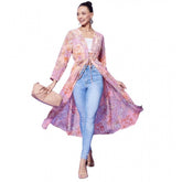 Peach polyester floral long sleeves shrug for women, V-neck with tie-up closure