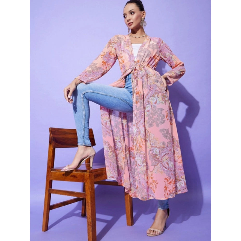 Peach polyester floral long sleeves shrug for women with V-neck and tie-up closure