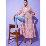 Peach polyester floral long sleeves shrug for women with V-neck and tie-up closure