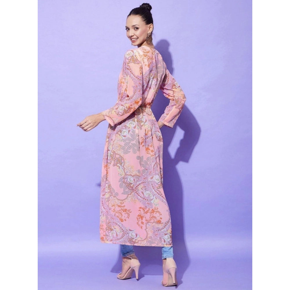 Peach polyester floral long sleeves shrug, V-neck, tie-up closure for women's fashion, calf length shrug on mannequin