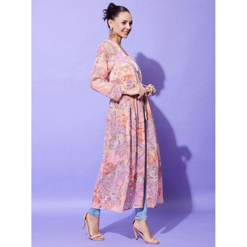 Peach polyester floral long sleeves shrug with V-neck, tie-up closure for women's casual wear
