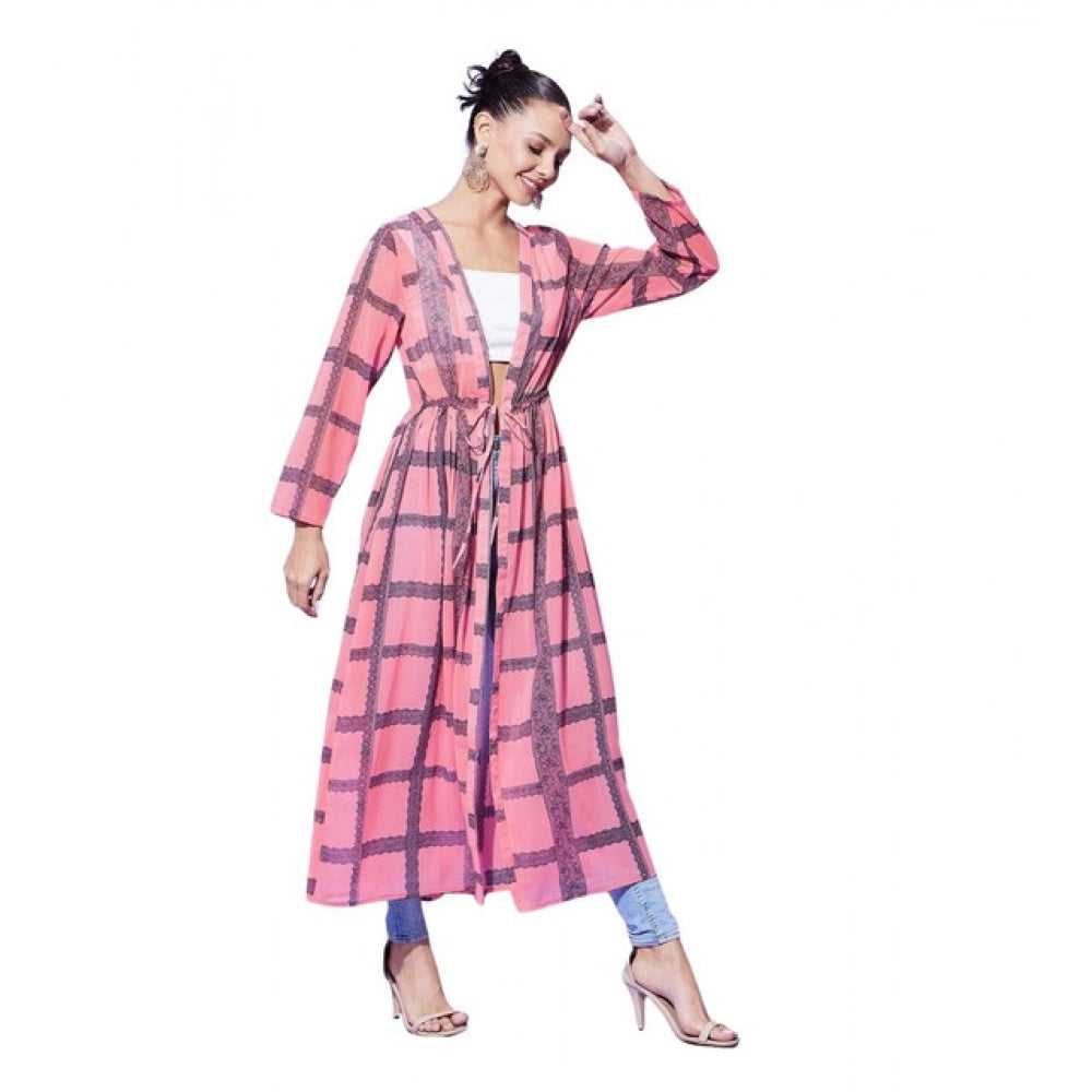 Pink polyester check long sleeves shrug, V-neck, tie-up closure, calf length