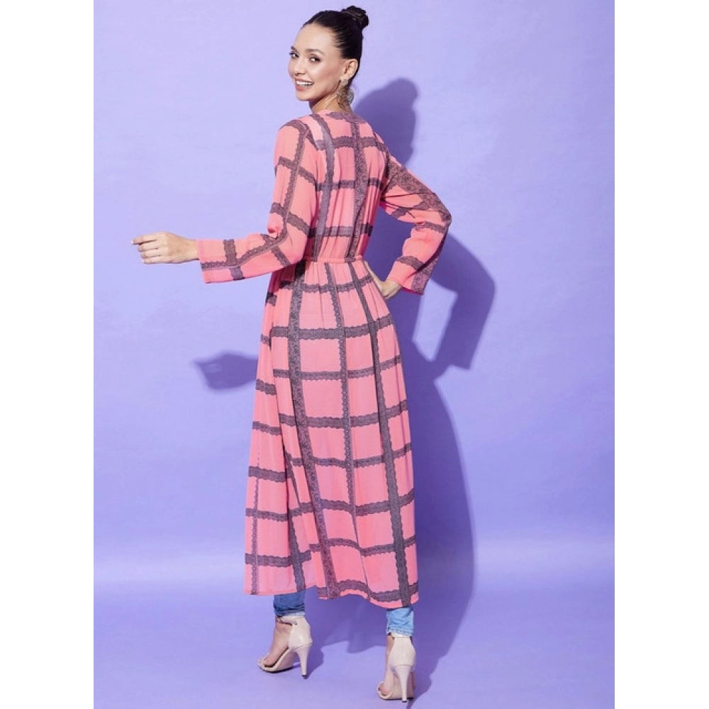 Pink polyester check long sleeves shrug with V-neck, tie-up closure, calf length, women's fashion accessory on model