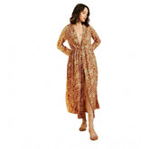 Brown polyester floral long sleeves shrug with V-neck and tie-up closure