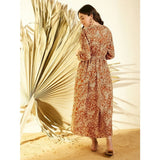 Brown polyester floral long sleeves shrug with v-neck and tie-up closure for women's fashion, calf length, floral patterned shrug on hanger
