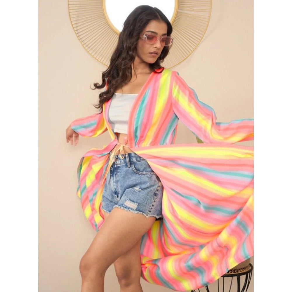 Multicolor polyester crepe printed long sleeves V-neck shrug with tie-up closure for women