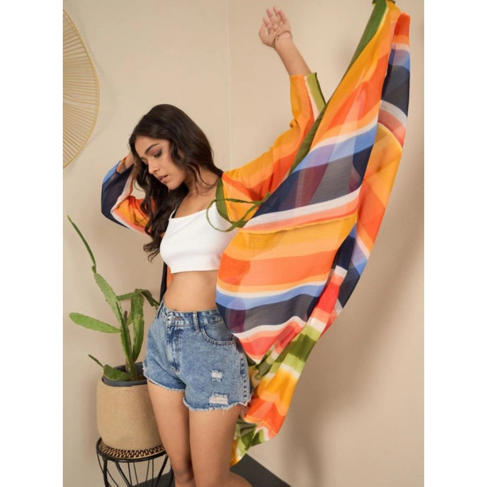 Multicolor polyester crepe printed long sleeves shrug for women with V-neck, tie-up closure, calf length