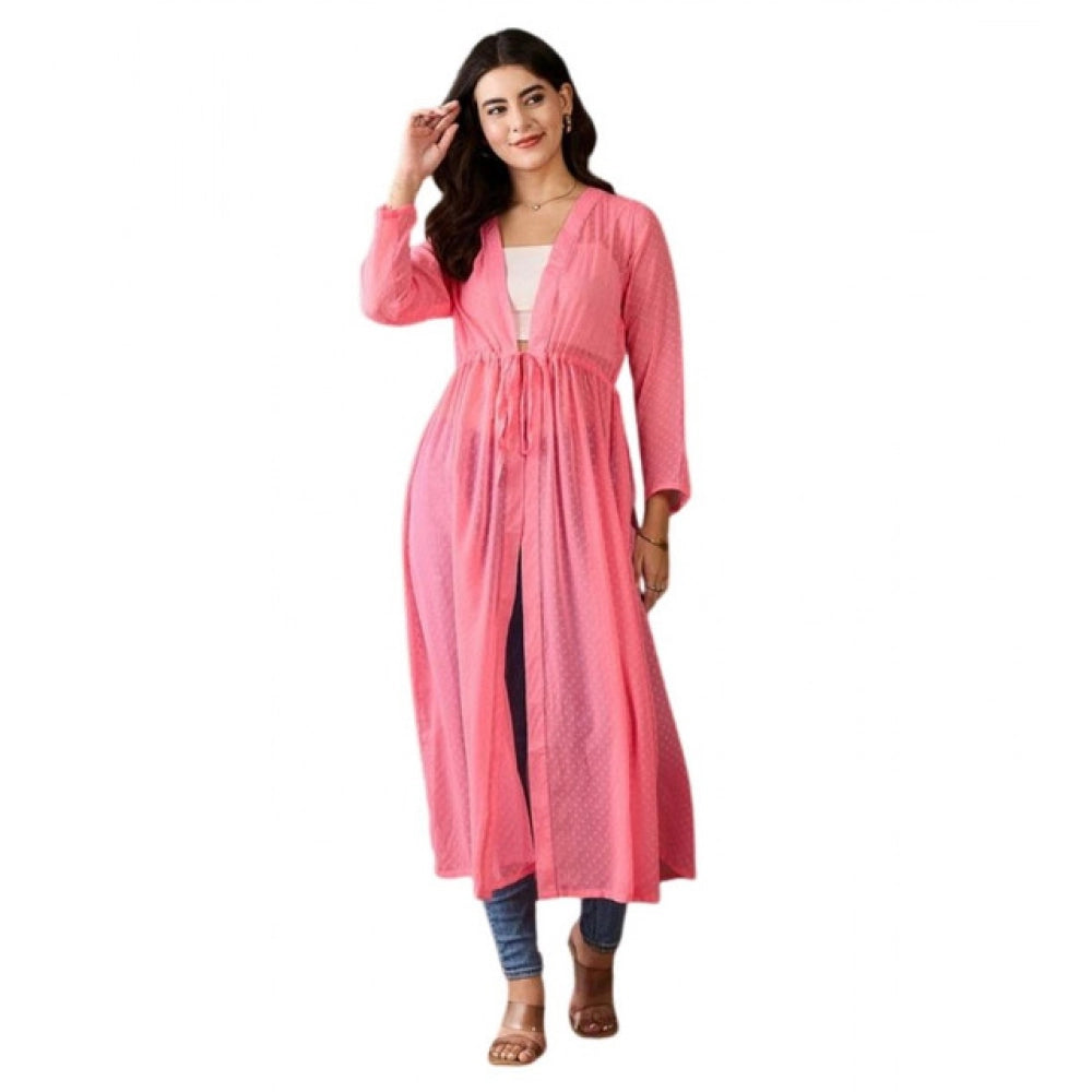 Pink chiffon self-design long sleeves shrug with v-neck, tie-up closure, calf length