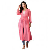 Pink chiffon self-design long sleeves shrug with v-neck, tie-up closure, calf length