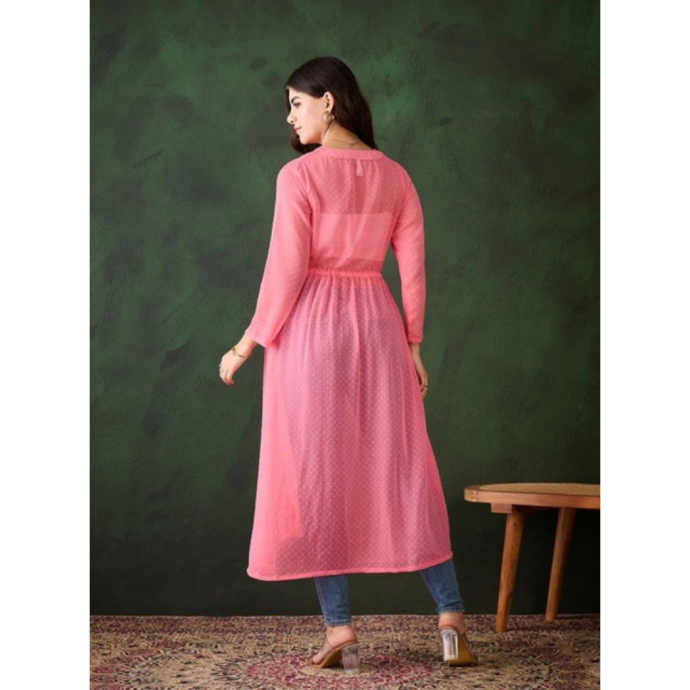 Pink chiffon long sleeve V-neck shrug with self design pattern, tie-up closure for women's casual wear