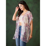 White-Purple chiffon printed short sleeves shrug for women, front open neck, thigh length
