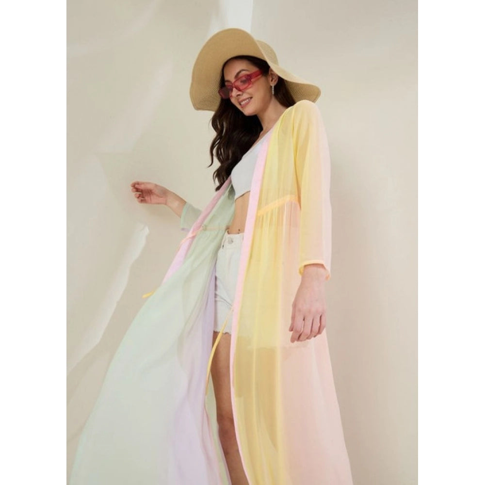 Multicolor Georgette ombre short sleeve V-neck shrug with tie-up closure