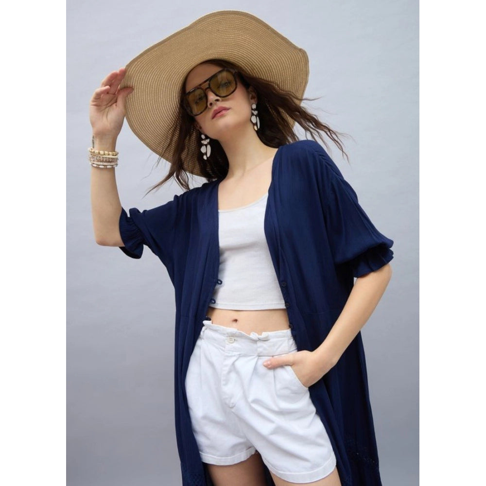 Navy Rayon Crepe Lace Inserts 3/4th sleeve shrug for women, front open neck and calf length style