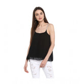 Black polyester embellished shoulder straps top for women, round neck and hip length