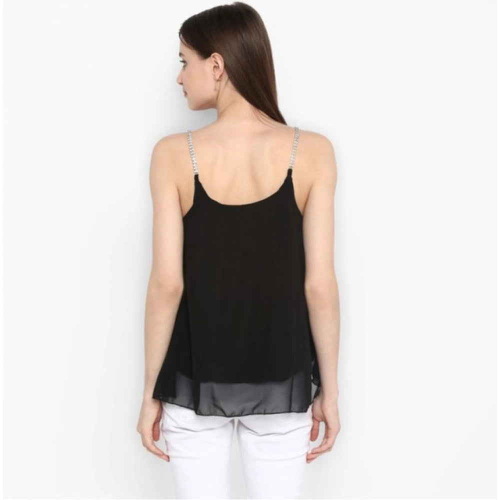 Black polyester embellished shoulder straps top for women, round neck, hip length
