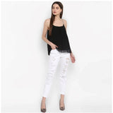 Black embellished polyester women's top with shoulder straps, hip length, round neck
