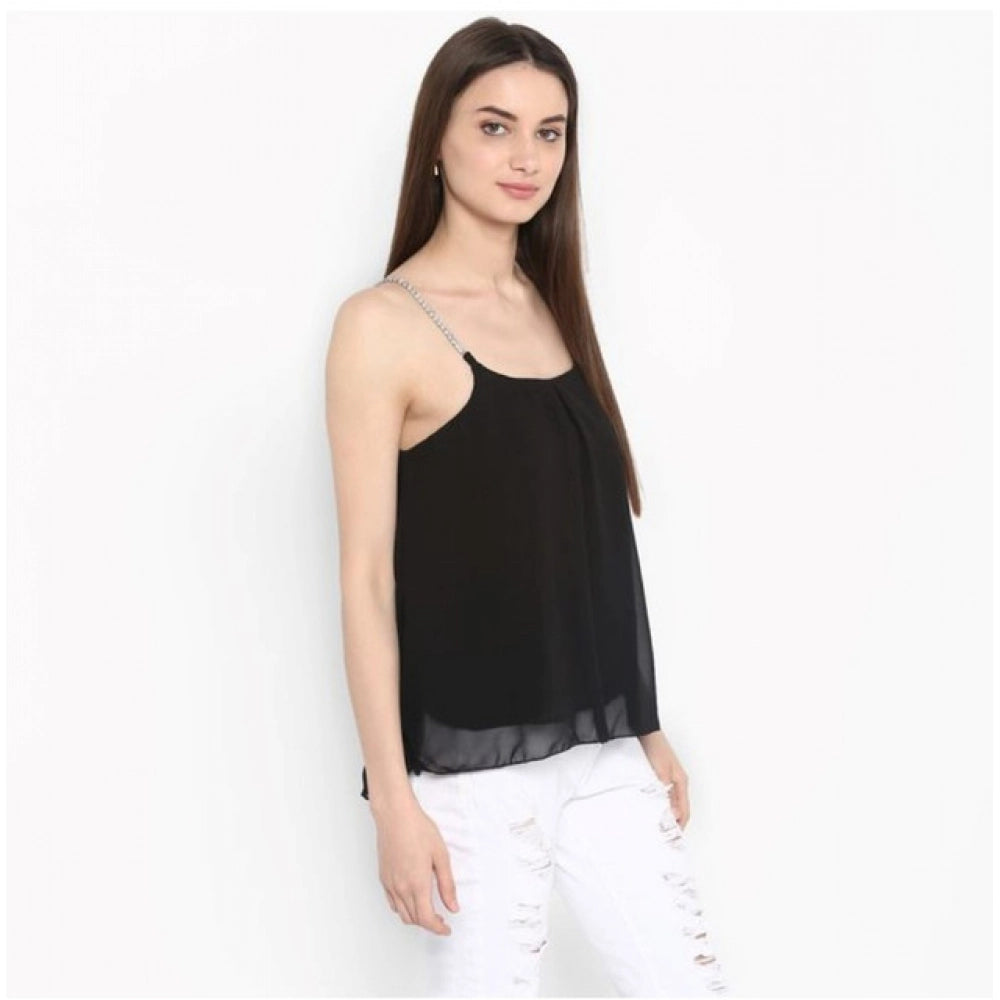 Black polyester embellished shoulder straps top, women's fashion accessory with rounded neckline, hip length