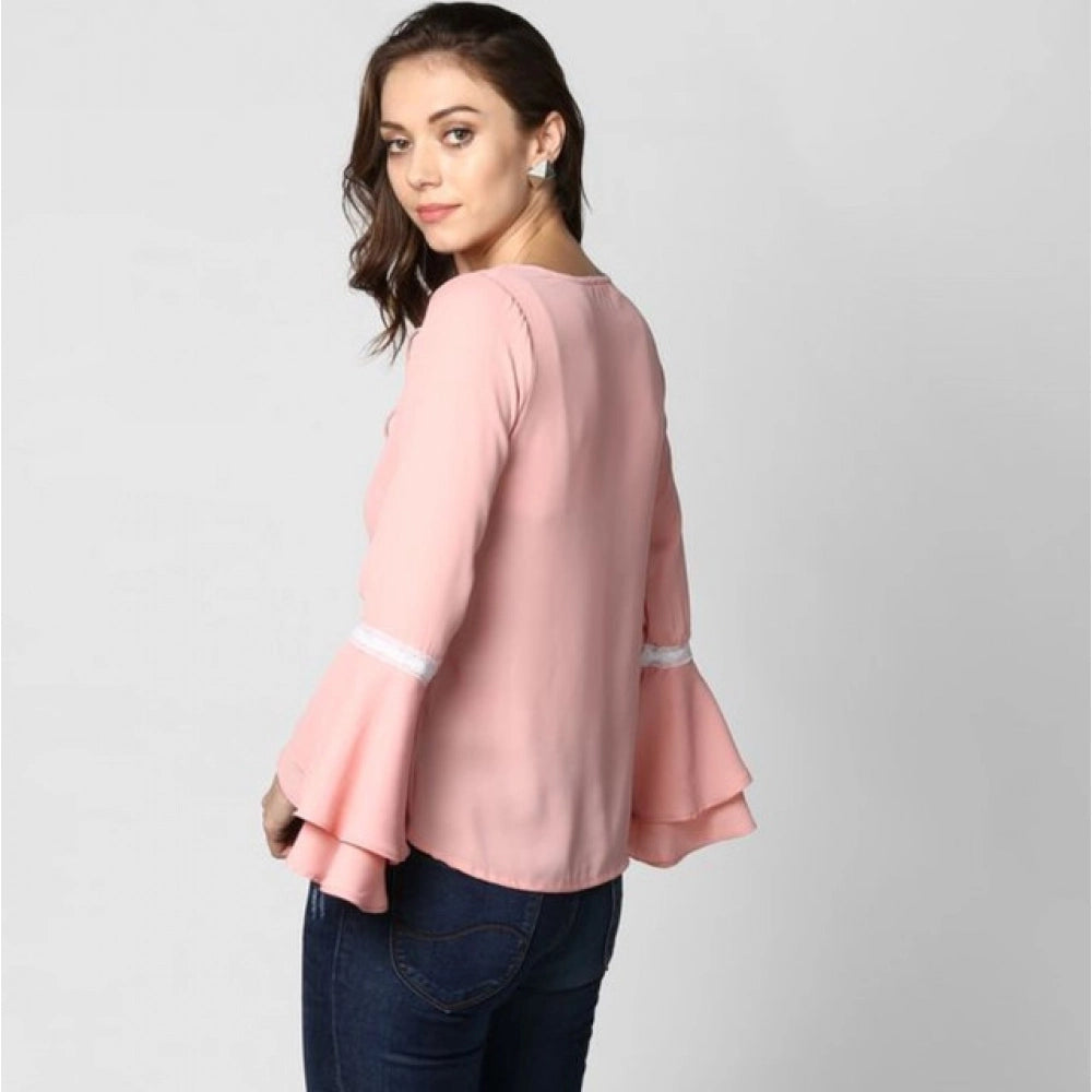 Pink polyester bell sleeve top, solid design for women's fashion