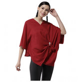 Red polyester cape sleeve top for women, solid design with v-neck and tie-up closure