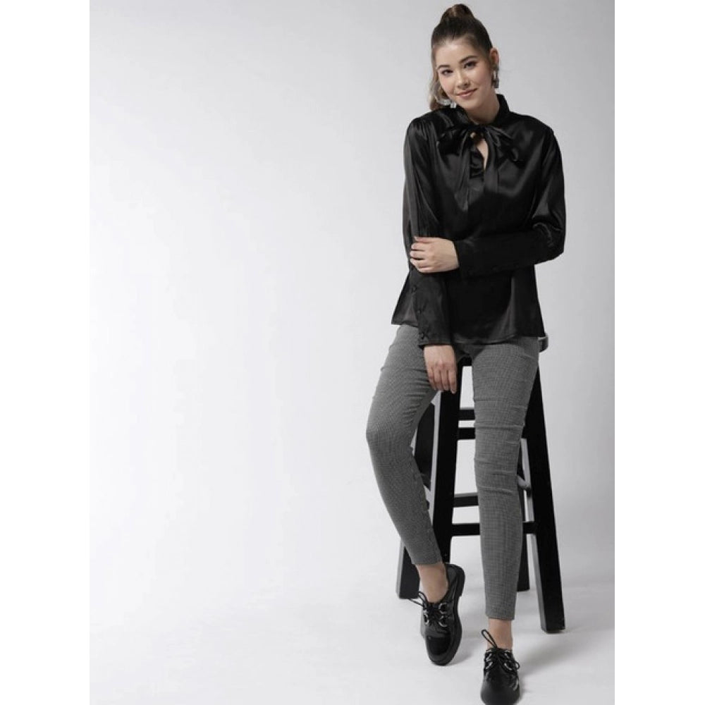 Black polyester solid long sleeves top with tie-up neck for women