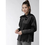 Black polyester solid long sleeves top with tie-up neck for women's fashion, hip length with tie-up closure