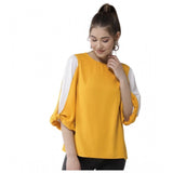 Yellow-white polyester colour block slit sleeve top for women, hip length with round neck