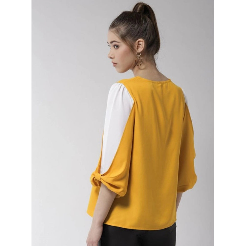 Yellow-White polyester colour block slit sleeve top for women, round neck with hip length