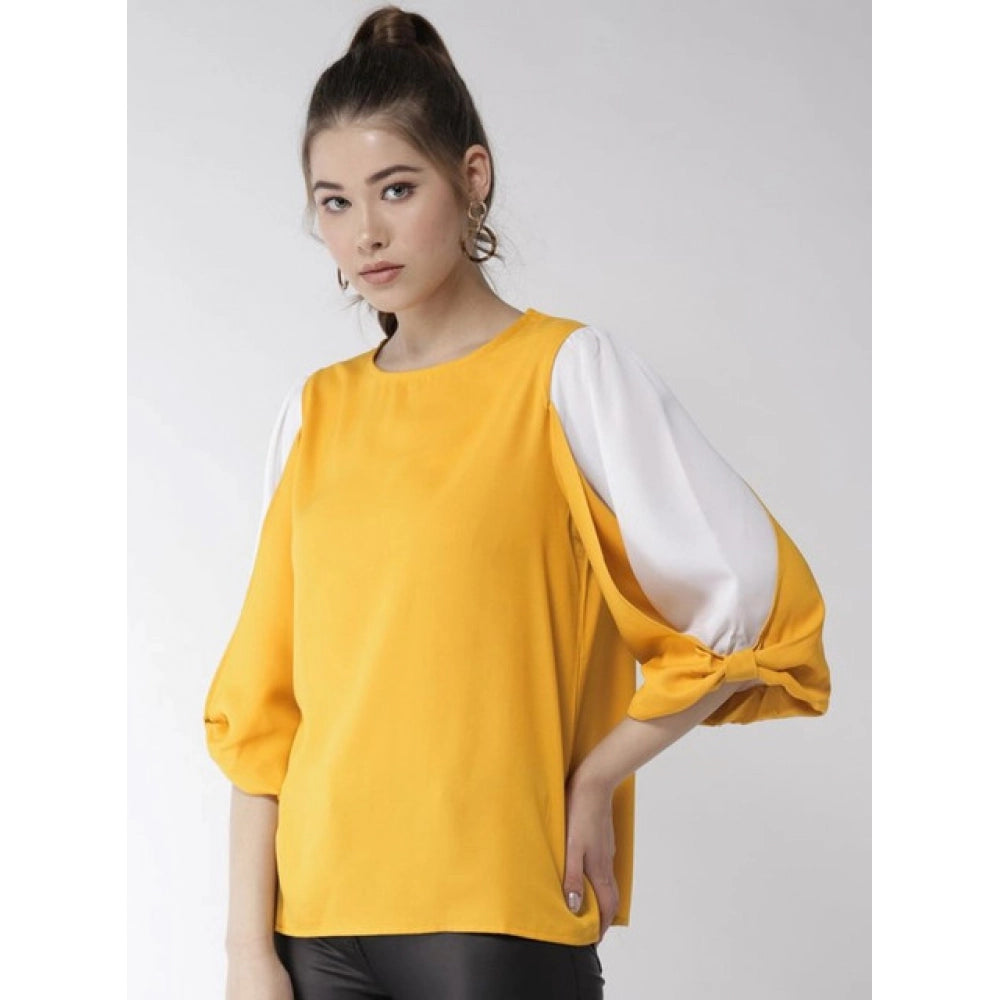 Yellow-white polyester colour block slit sleeve top for women, round neck and hip length