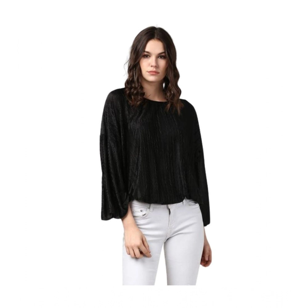 Black polyester pleated balloon sleeve top for women, hip-length, round neck