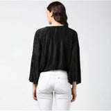 Black polyester pleated balloon sleeve top for women, hip length with round neck
