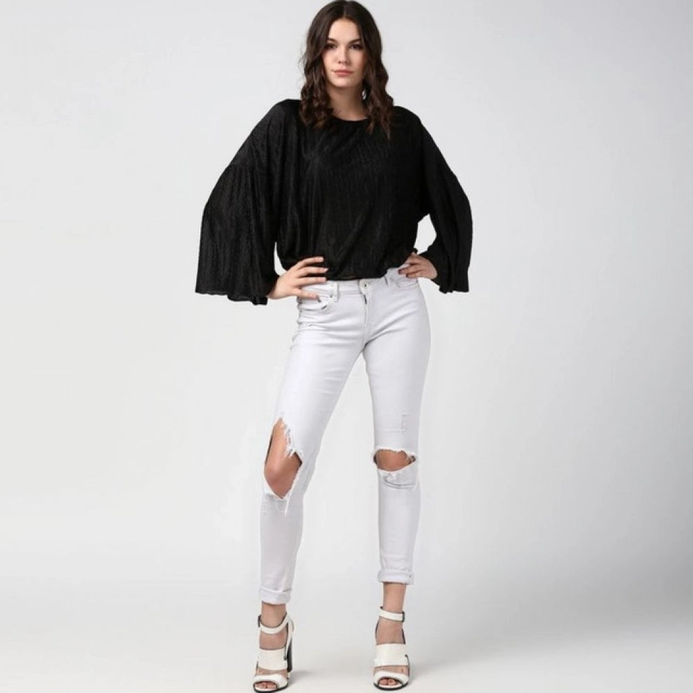 Black polyester pleated balloon sleeve top for women on model