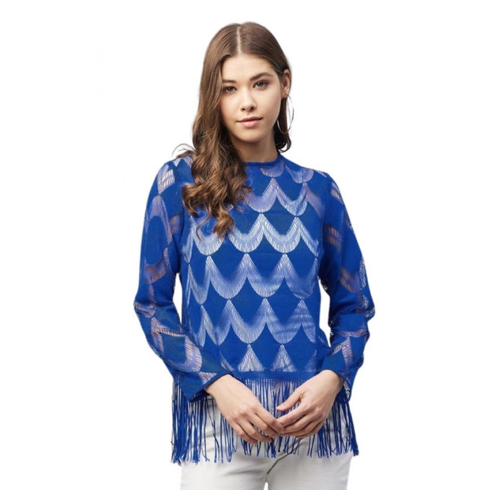 Blue lace self-design long sleeves top for women, round neck with concealed zip