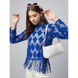 Blue lace self-design long sleeve top with concealed zip, women's fashionable top on model
