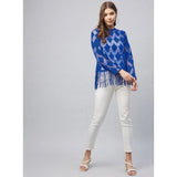Blue lace self-design long sleeves top with concealed zip, hip length, round neck