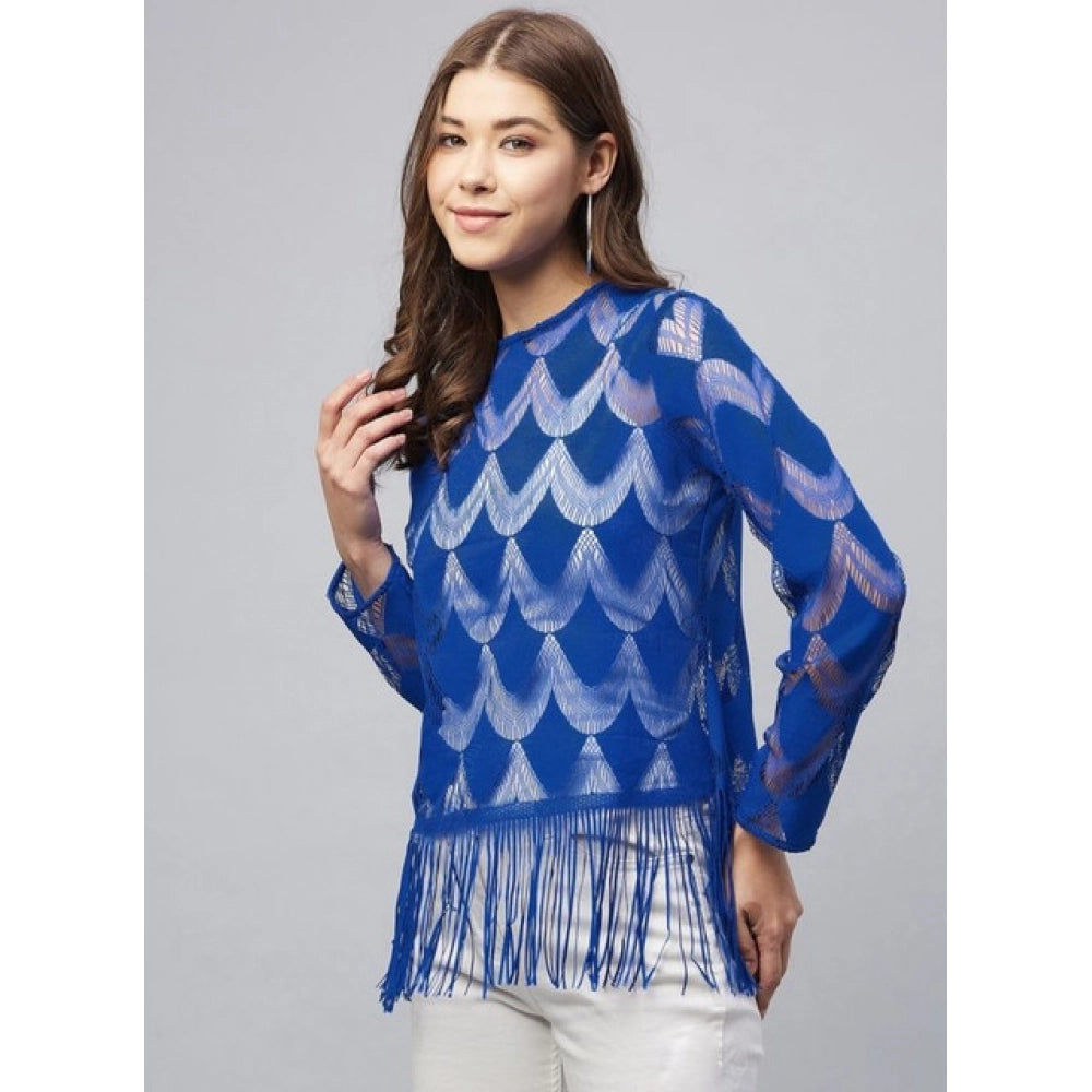 Blue lace self-design long sleeves top with concealed zip