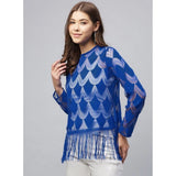 Blue lace self-design long sleeves top with concealed zip